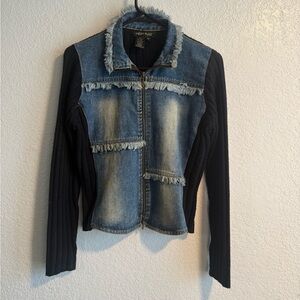Hybrid Denim Jacket with Knit Sleeves - Black & Faded Blue